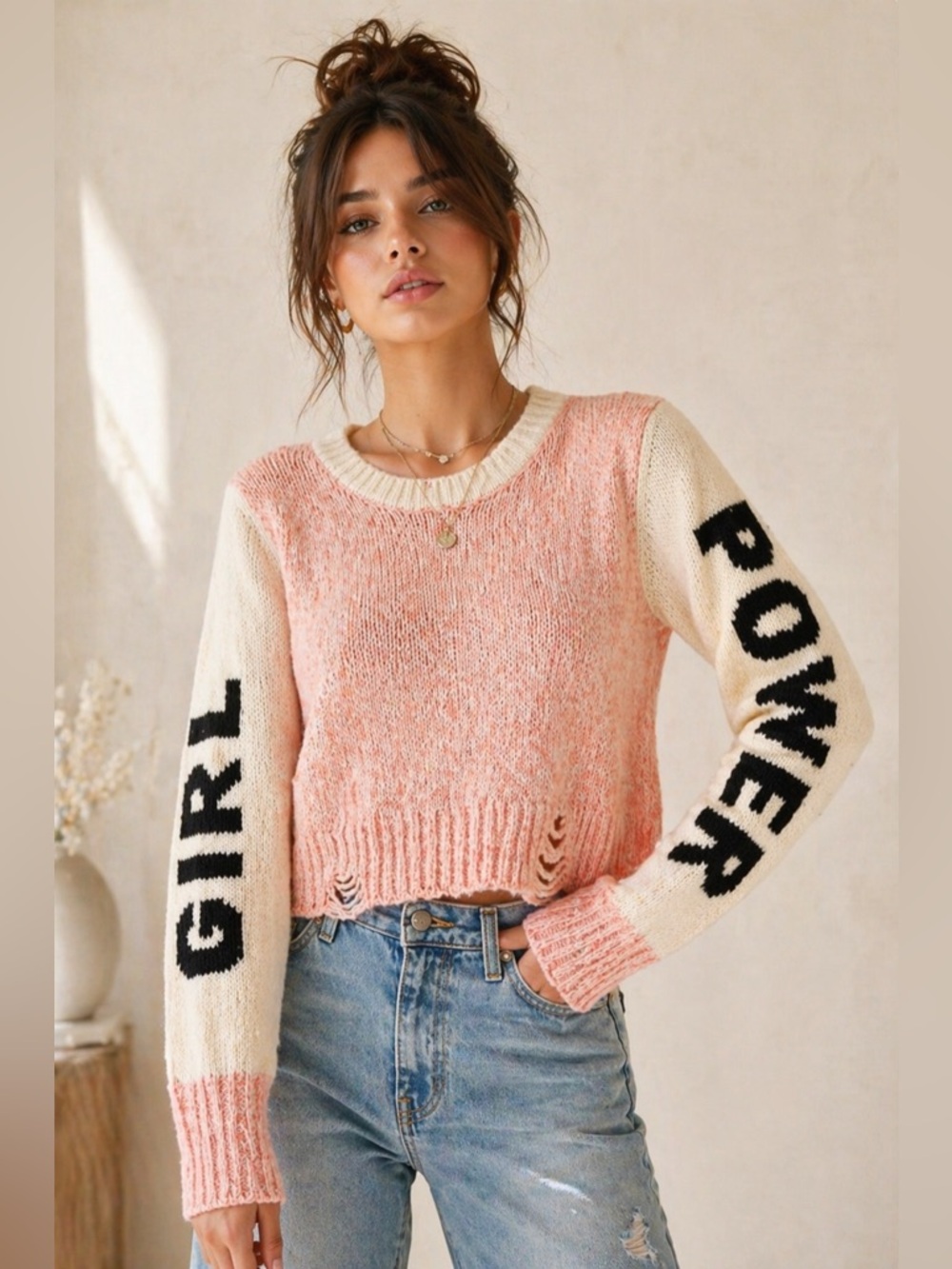 Wildfox Girl Power Pink Knit Sweater Distressed Graphic Pullover Medium - Picture 2 of 9